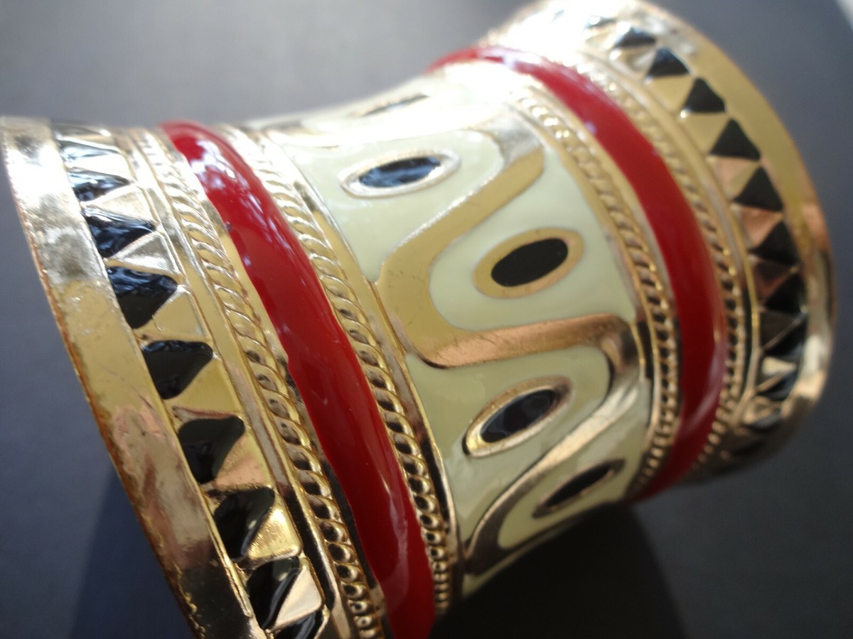 BRACELET JONC MANCHETTE Doré Métallique Doré Noir Et Blanc EUR 15,65 - FR