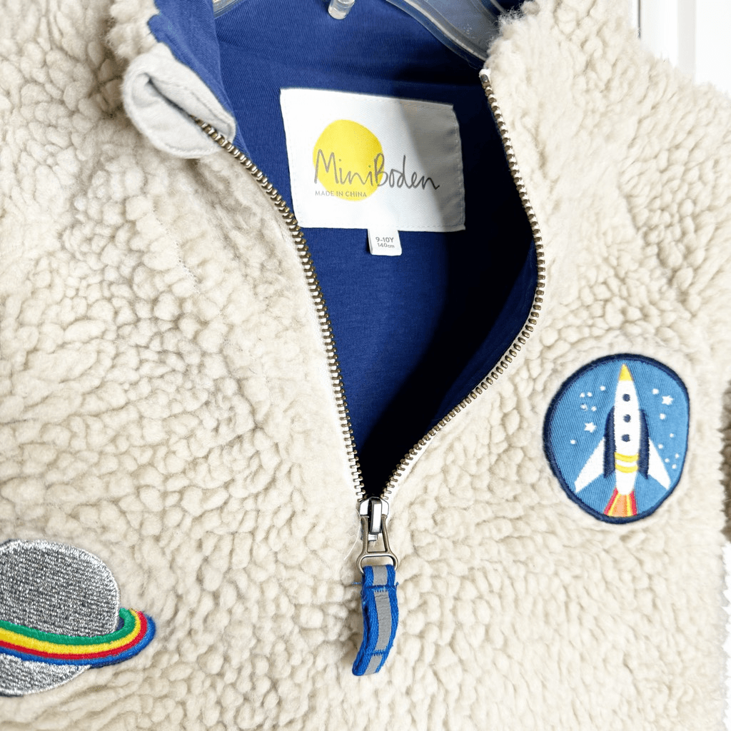 Mini Boden Ivory Space Race Embroidered Sherpa Half Zip Pullover 