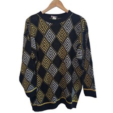 Vintage Preppy Sweater Womens Large Black 90s Geometric Academia Metallic Knit