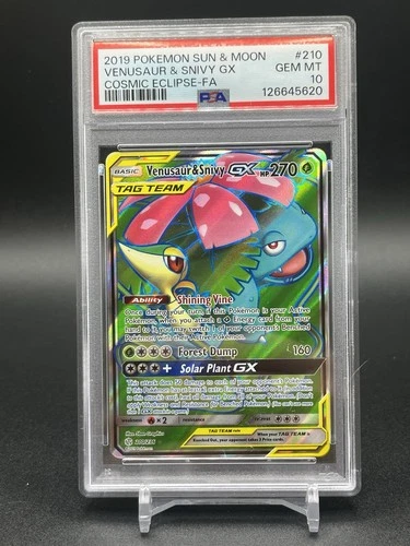 PSA 10 Venusaur & Snivy GX #210 Full Art - 2019 Cosmic Eclipse Tag Team 210/236