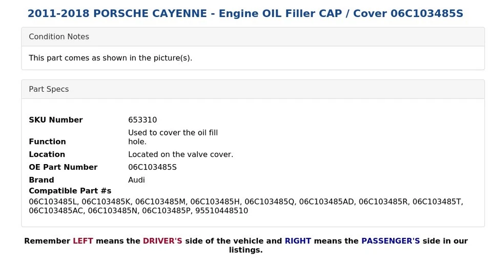 Porsche Cayenne 2011-2018 - tapa de llenado de aceite del motor 06C103485S Foto 3 de 3