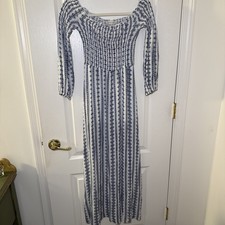 Altar’d State Boho Maxi Dress Small Blue White Border Print Smocked Off Shoulder