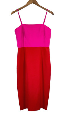 Milly Cady Womens Pencil Midi Dress 6 Tomato/Raspberry Colorblock Cocktail Party