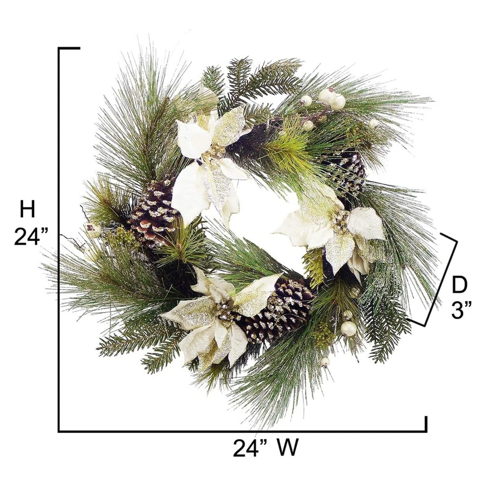 Восхищенный природой 24-дюймовый искусственный венок пуансеттия сосновый конус праздник Рождество... - Изображение 2 из 4