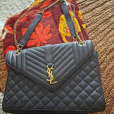 Saint Laurent Black Quilted Flap Shoulder Bag YSL Logo Gold Chain Strap