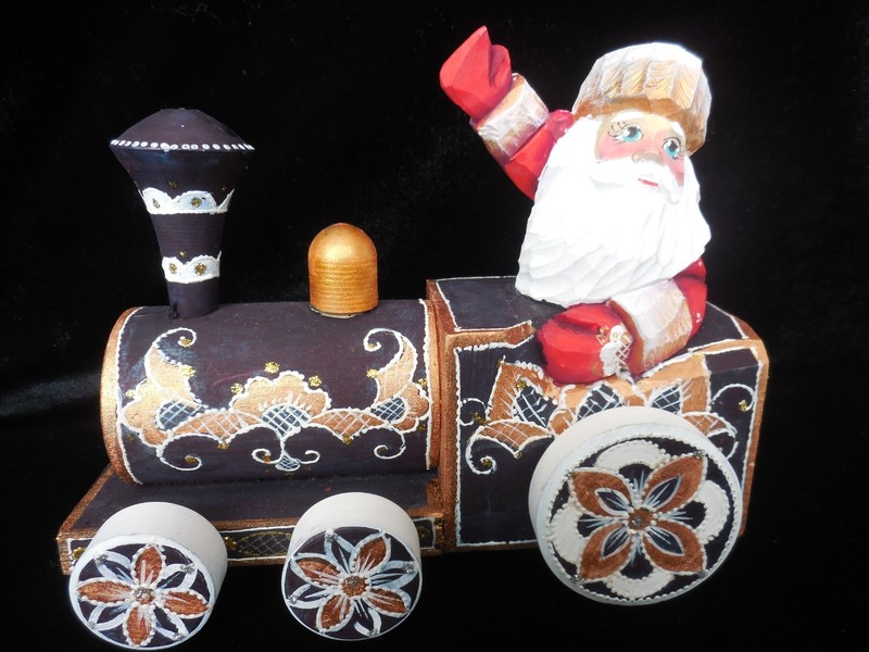 HTF  Russian Wooden Handcarved & painted Santa in a Train