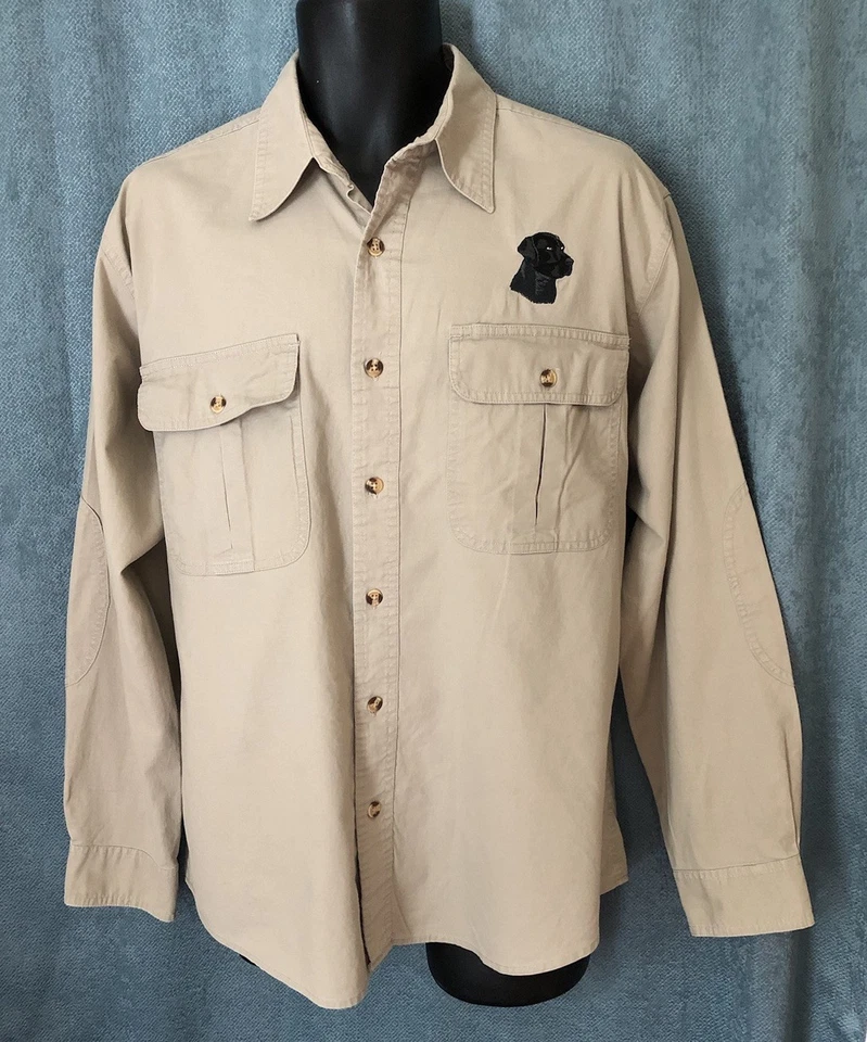 Camisa vintage Cabela's caça cáqui botão para cima preta logotipo bordado cachorro laboratório - Imagem 2 de 4