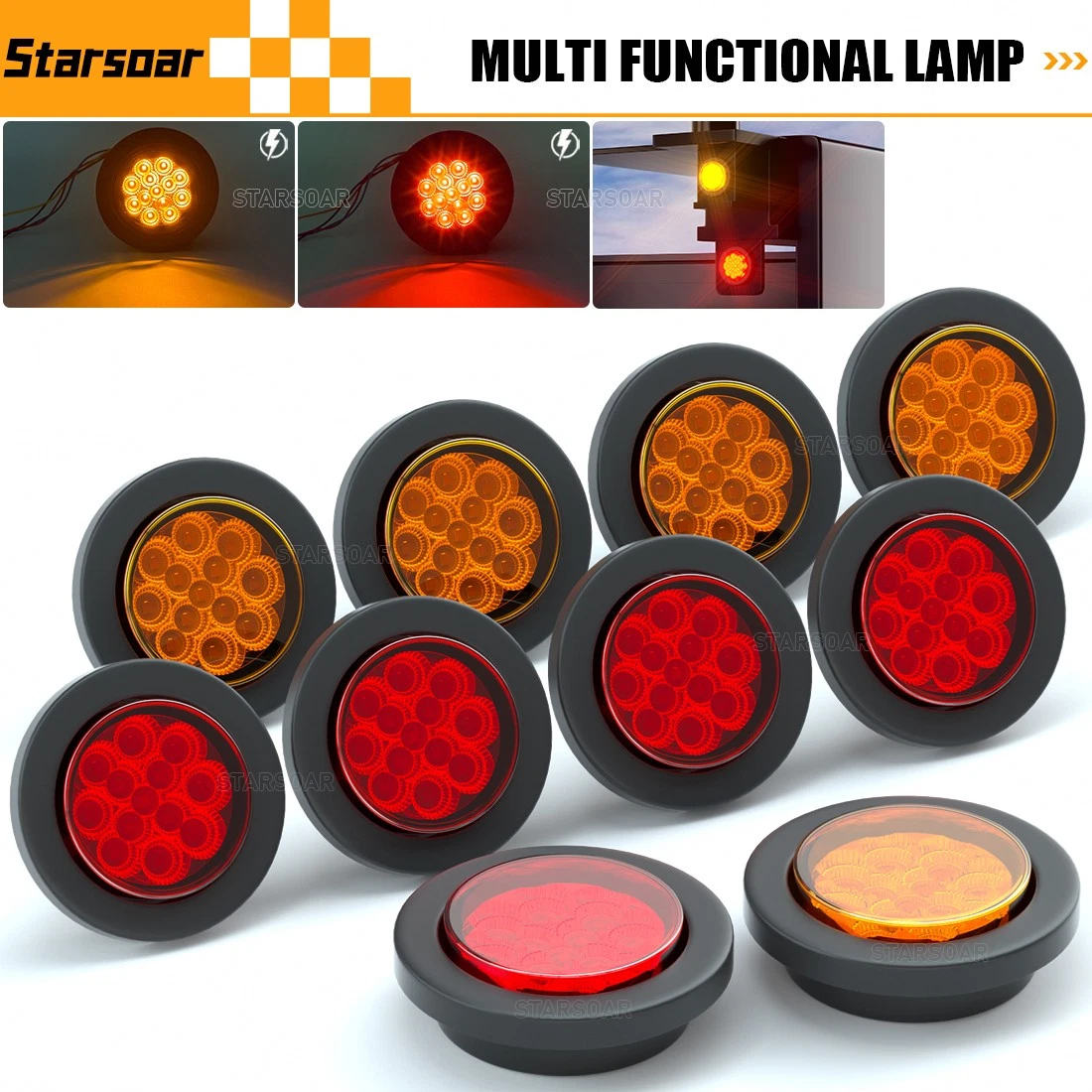 10Pcs 2.5 inch Round 13 LED Red/Amber Truck Trailer Side Marker Clearance Lights
