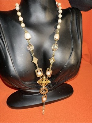 Treska Antiqued Goldstone Faux Pearl Beaded Y  Drop Necklace