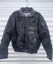 Mens Medium Jeff Hamilton NBA Teams Logo Patch Wool Leather Bomber Jacket Black