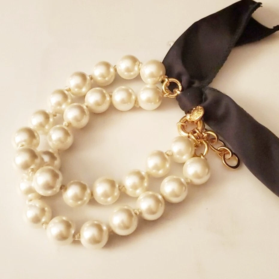 J. Crew Faux Pearl Double Strand Bracelet With Black Bow eBay
