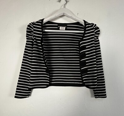 Un Deux Trois Womens Black Striped Crop Cardigan Large Puff Shoulder Open Front
