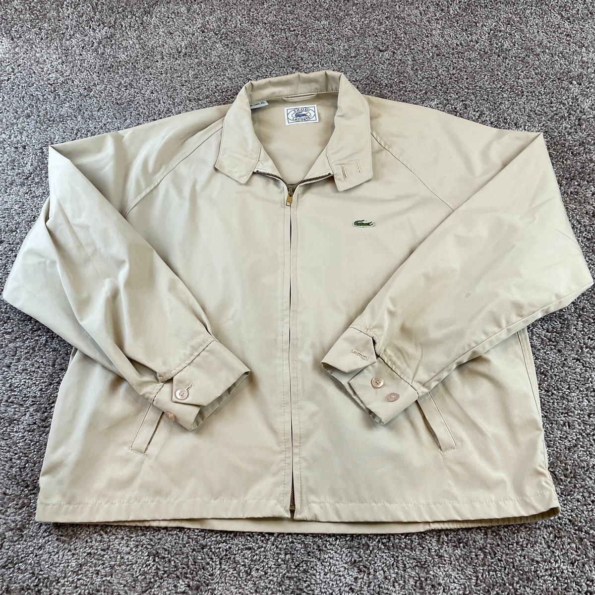 Vintage IZOD Lacoste Jacket Mens XL Beige Long Sleeve 80s Hooded