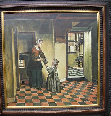 Ölgemälde nach Pieter de Hooch ''An der Kellertreppe'' 1658 sign. Kopie um 1950