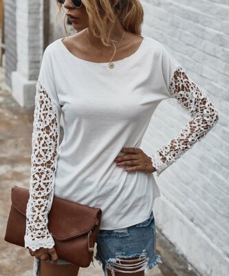 Floral Blooming Pearl White & White Lace-Inset Boatneck Top SZ S**