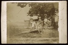 Antique Victorian Cabinet Card Photo Children On Cart Nice Pose Hats Americana