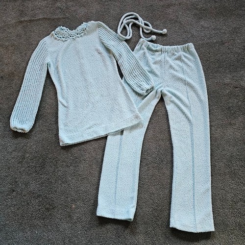 Vtg 60s 70s Mod Youthquake Powder Blue Boucle Knit Tunic Top Dress Pantsuit M - Picture 10 of 10