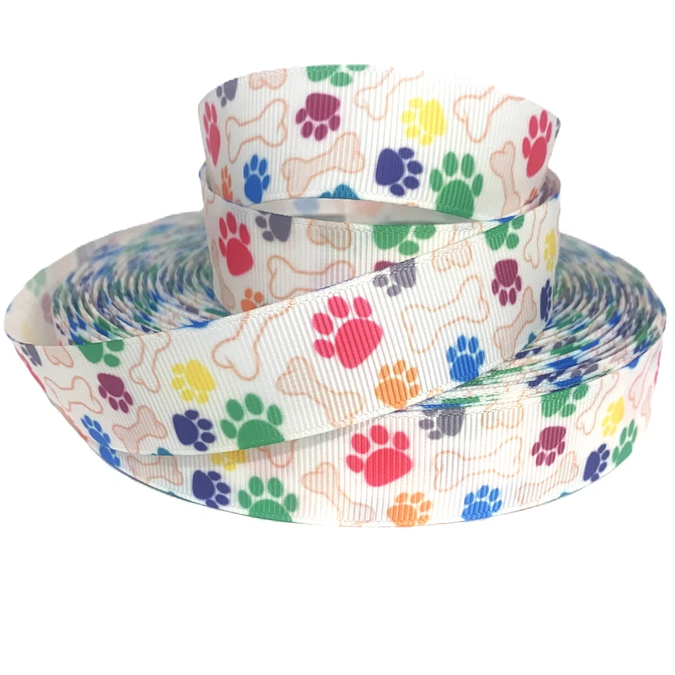 GROSGRAIN RIBBON 7/8" , 1.5" Dog Paw Print Bone Gift Deco Hair bows Collar Craft - Image 2 of 3