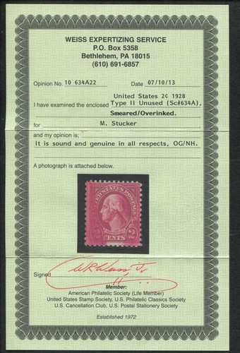 1928 United States Postage Stamp #634A Mint F/VF OG Over-inked Error Certified - Picture 3 of 3