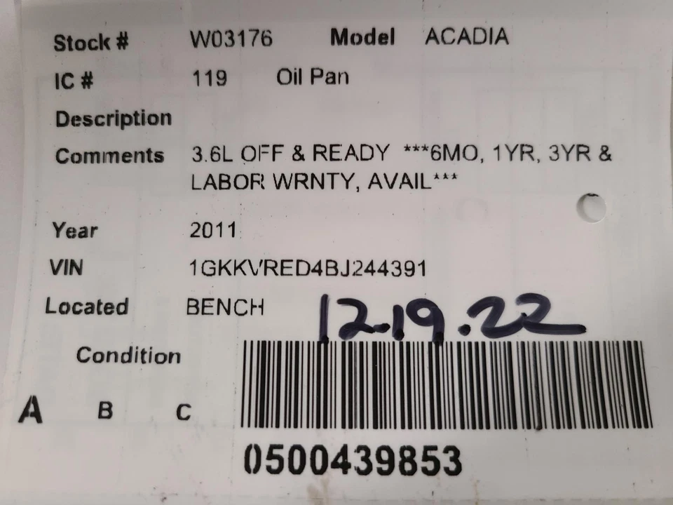 Used Engine Oil Pan fits: 2011 Gmc Acadia 3.6 Grade A - Image 3 of 4