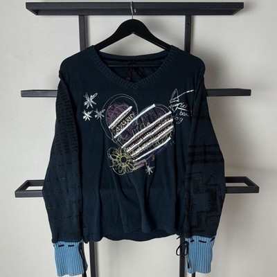 Blue Desigual Heart Embellished Knit Sleeve Sweater V Neck Beaded Graphic