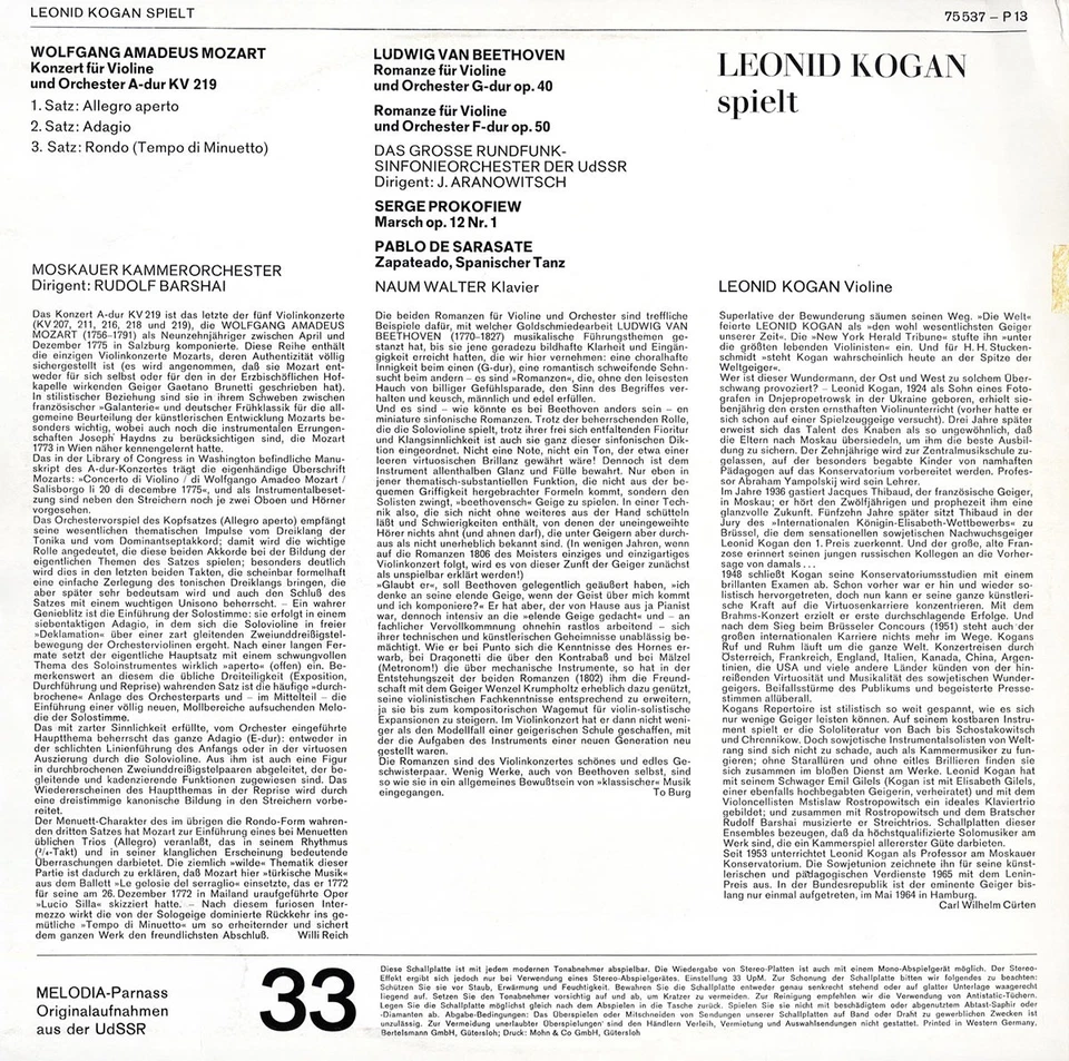 LEONID KOGAN Violin MOZART BEETHOVEN PROKOFIEV SARASATE Parnass 75537 LP Stereo - Image 2 of 3