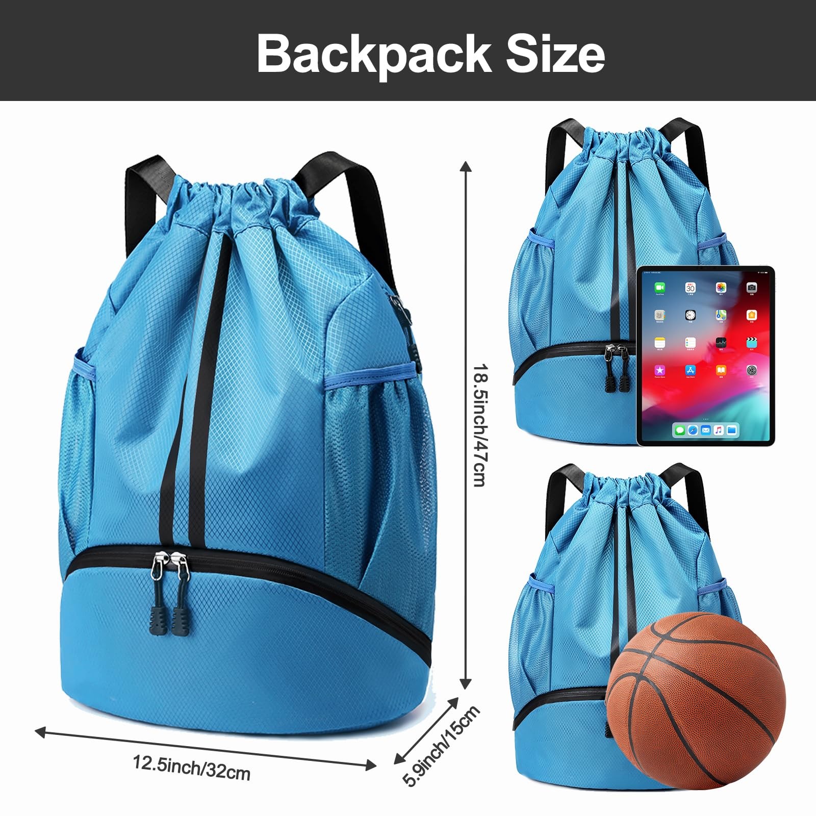 Sports Drawstring Backpack - String Swim Gym Bag with Shoes Compartment and W...