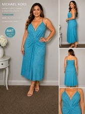 NWT Michael Kors Turquoise Twist Front Chain Strap Midi Dress 155 Size XL