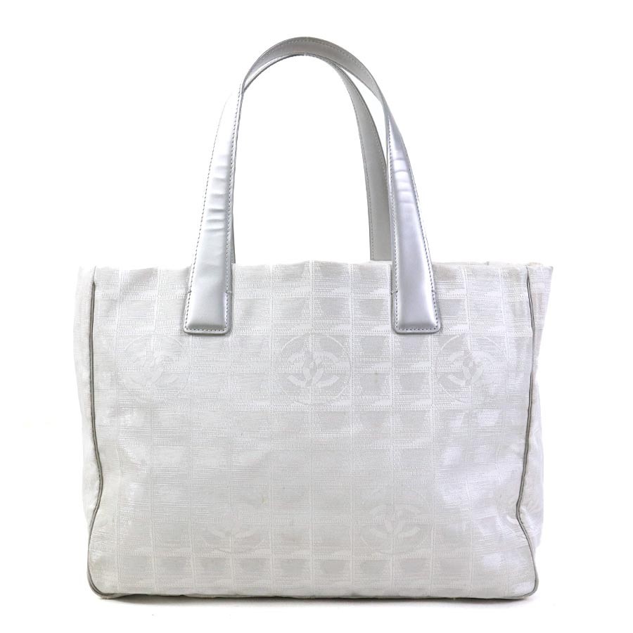 CHANEL Nylon Jacquard Leather Shoulder Tote Bag Silver Ladies Travel Line-image