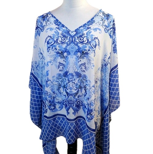 Susan Graver Womens Beach Coverup Sz XL Blue Floral Print Semi Sheer Poncho Top - Picture 2 of 15