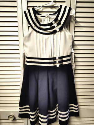 Bonnie Jean Girls Dress Sz 7 Navy White Sailor Pleated Classic Nautical Striped