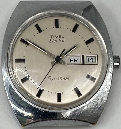 Mens Vintage Silver Tone Day/Date Timex Electric Dynabeat Wristwatch Running HB