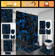 4Pcs Modern 3D Blue Shower Curtain Set with Rugs  Hooks - Bathroom Decor