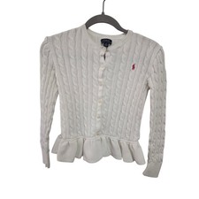 Polo Ralph Lauren Girls Cable Knit Peplum Cardigan Pink Pony Logo White L 12-14