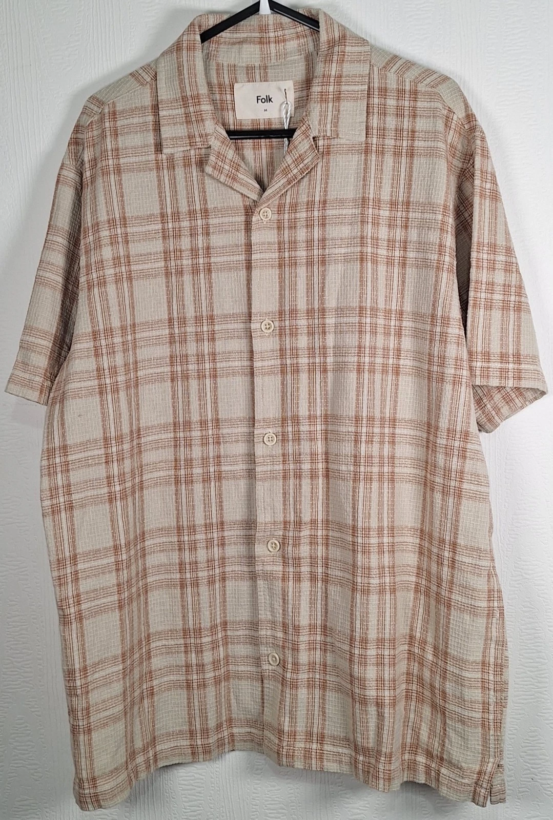 Mens Folk Curtis Short Sleeve Ecru Tan Linen Blend Collared Shirt Size Medium