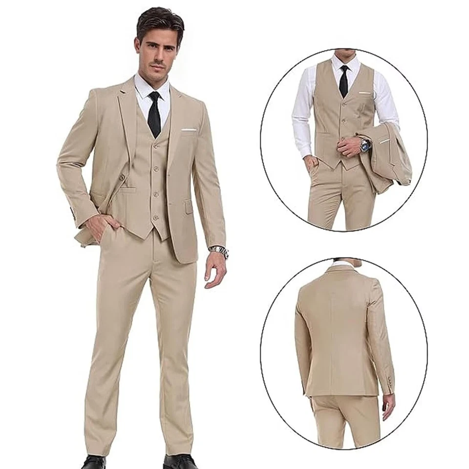 Trajes para Hombres Calce Ajustado 3 Piezas Negocios Boda Esmoquin Chaqueta Chaleco Pantalones Conjunto de Traje Foto 2 de 4