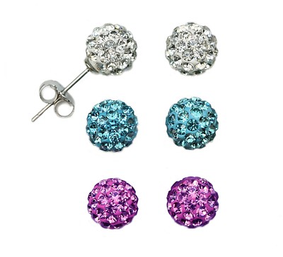3Pairs White-Sky Blue-Magenta 925 Silver Crystal Disco Ball Earrings 6.0mm