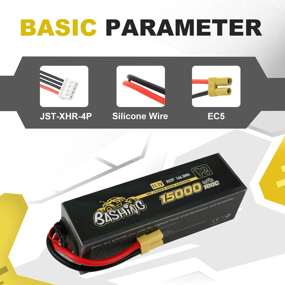 2X Gens Ace Bashing 11.1V 100C 3S 15000mAh Lipo Battery EC5 Plug For Arrma Car - Image 4 of 4