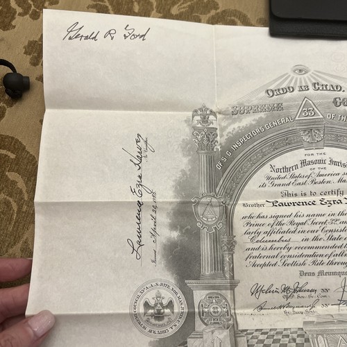Unterzeichnet von Präsident Gerald Ford nördlicher Freimaurerritus Ohio 1945 Zertifikat 33 - Bild 2 von 5