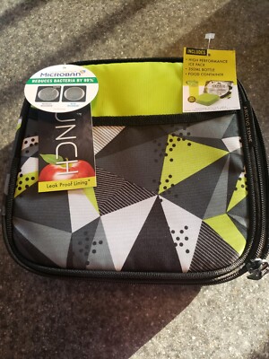 New Arctic Zone Leak Proof Insulated Lunch Bag Black/Green Microban 4 Pc 
