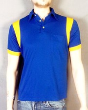 vintage 70s 80s Hilton Blue Yellow Polo Collar Bowling Shirt Chain Stitch USA M