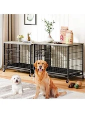 Wooden Dog Crate Furniture 27" Double Door Kennel with Tray and Wheels Table