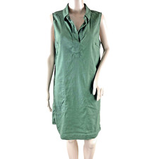 Tahari Women's Linen Blend Green Sleeveless V-Neck Pockets Shirt Dress Size 10