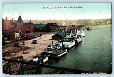 1909 St. Paul Minnesota Vintage Postcard Levee Union Depot Steamer Ship Building