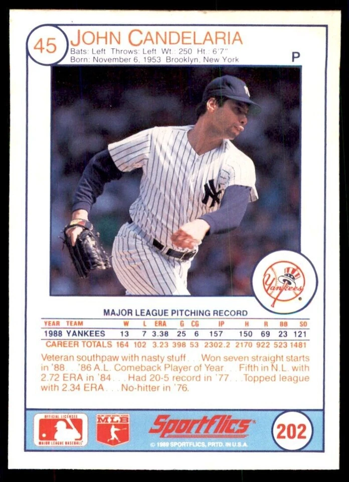 1989 SPORTFLICS JOHN CANDELARIA NEW YORK YANKEES #202 - Image 2 of 2