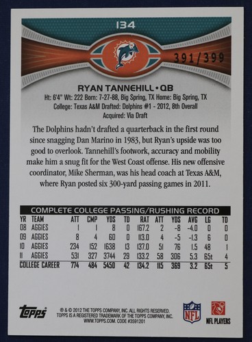 2012 Topps Pink #134 Ryan Tannehill RC #d - Picture 2 of 2