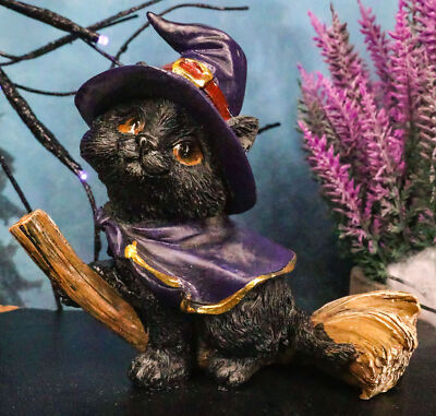 Halloween Black Cat with Witch Hat and Cape Riding Magical