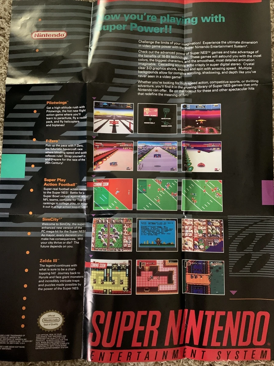 Super Nintendo Large Poster Zelda III Pilotwings SimCity 1991