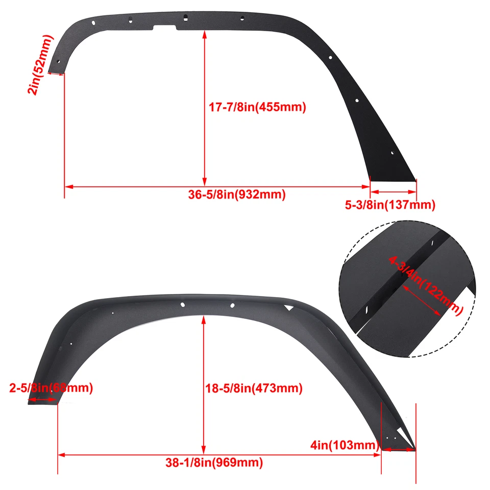 For Jeep Wrangler 07-18 JK Full Set Flat Style Solid Steel Fender Flares - Image 2 of 4