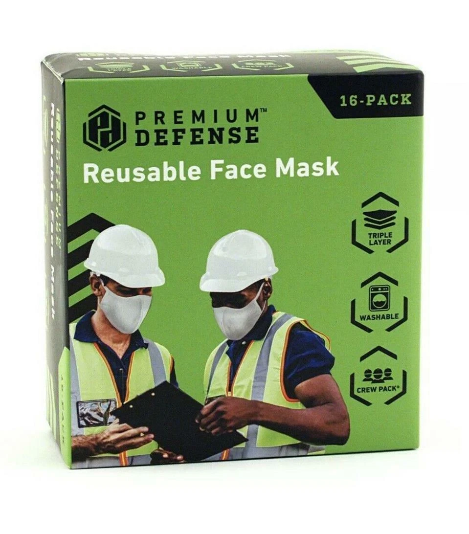 New~Premium Defense~Reusable Face Mask~White~Triple Layer~Washable~Crew 16 Pack